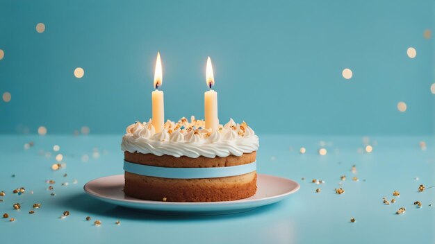 Gâteau d'anniversaire avec bougie sur fond bleu pastel