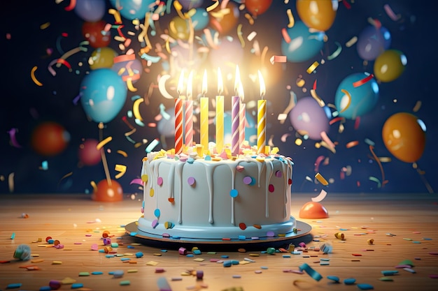 Gâteau d'anniversaire avec des bougies allumées et des confettis colorés sur une table en bois Rendu 3d du gâteau d'anniversaire avec des bougies, des ballons et des confettis AI généré