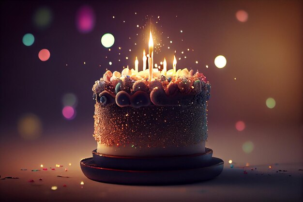 Gâteau d'anniversaire avec des bougies allumées sur le dessus sur bokeh backgroundgenerative ai