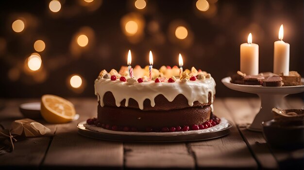 Gâteau d'anniversaire avec des bougies allumées sur un fond en bois rustique avec des lumières bokeh