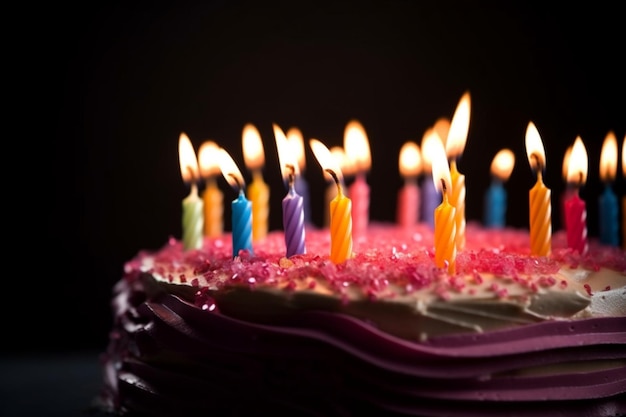 Un gâteau d'anniversaire avec des bougies allumées sur un fond noir DOF peu profond avec le focus sur le centre