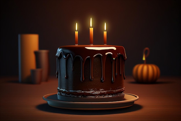 Gâteau d'anniversaire avec des bougies allumées sur fond sombre rendu 3d ai génératif