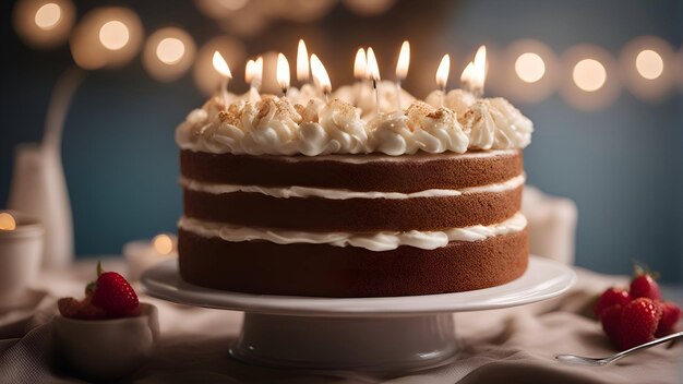 Photo un gâteau d'anniversaire avec des bougies allumées sur des lumières floues.