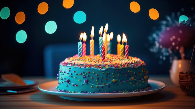 Un gâteau d'anniversaire avec des bougies allumées sur une table.