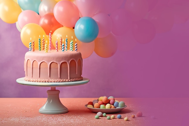 Gâteau d'anniversaire avec bougies et ballons en arrière-plan