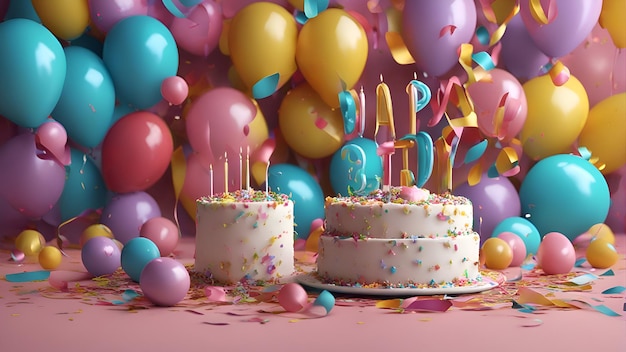 Gâteau d'anniversaire avec bougies et ballons sur fond rose rendu 3D