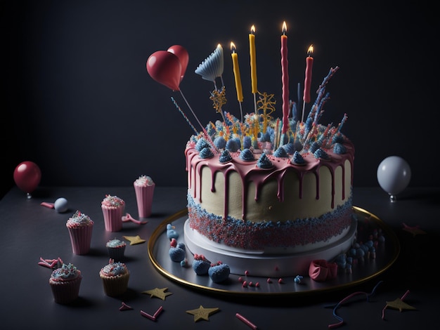 Gâteau d'anniversaire avec des bougies et des ballons sur fond sombre closeup