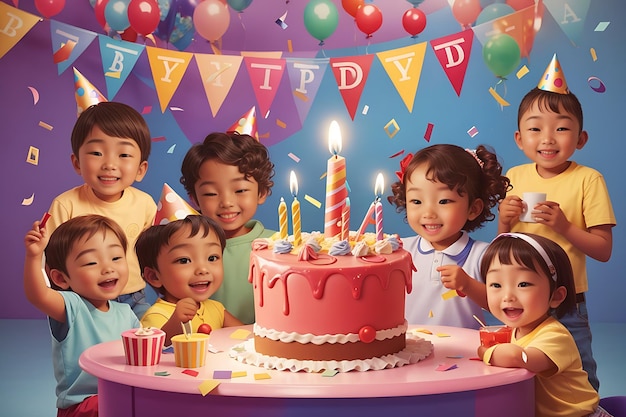 gâteau d'anniversaire avec bougies et ballons génération AI