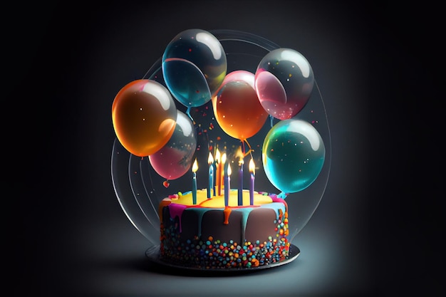 Gâteau d'anniversaire avec des bougies et des ballons Generative Ai