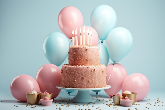 Gâteau d'anniversaire avec des bougies et des ballons d rendu horizontal