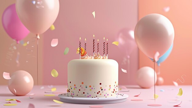 un gâteau d'anniversaire avec des bougies et des ballons sur une table