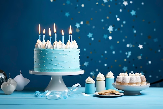 Gâteau d'anniversaire avec des bougies et des bonbons sur une table blanche près du mur bleu AI générative