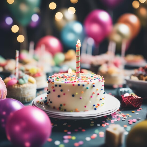 gâteau d'anniversaire avec des bougies colorées sur la table avec gâteau danniversaire et décorations colorées