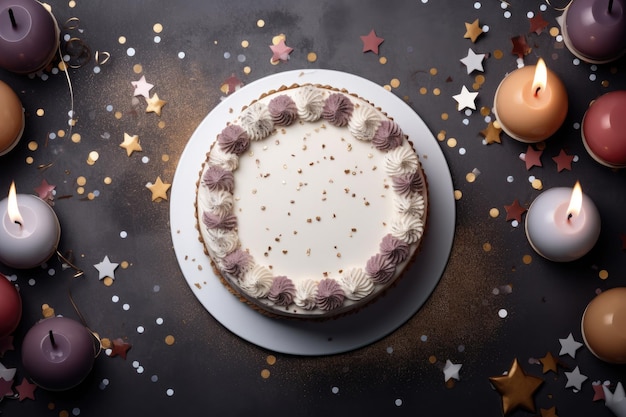 Gâteau d'anniversaire avec des bougies, des confettis et des étoiles sur un fond sombre Gâteau danniversaire et une carte de vœux Célébration de la fête vue supérieure AI générée