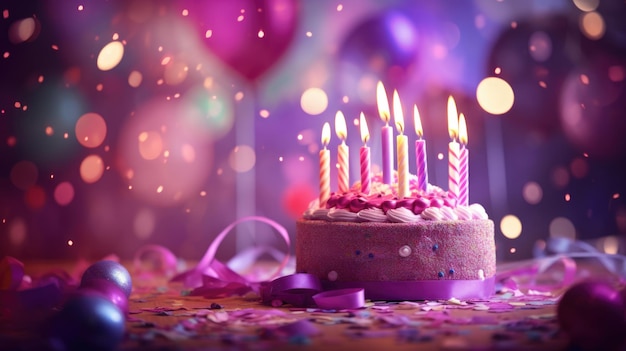 Gâteau d'anniversaire avec bougies et confettis sur fond violet flou