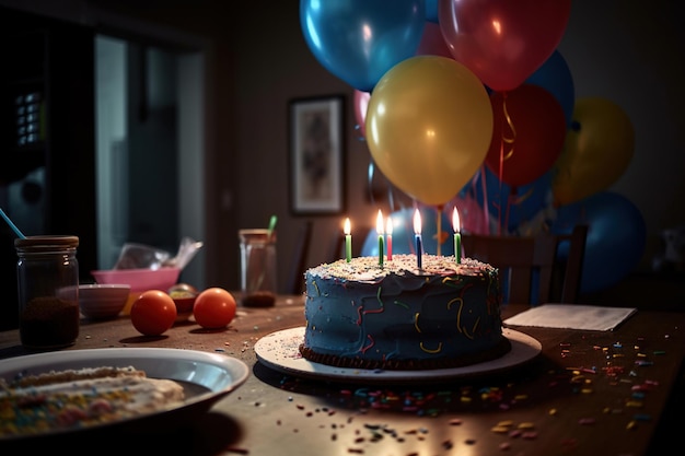 Un gâteau d'anniversaire avec des bougies dessus est sur une table avec des ballons et des ballons.