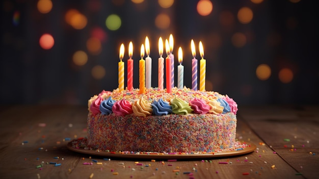 Un gâteau d'anniversaire avec des bougies dessus et un fond noir avec des lumières allumées.