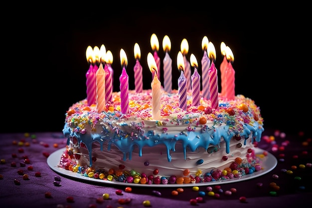 Un gâteau d'anniversaire avec des bougies sur le dessus