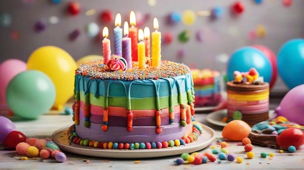 gâteau d'anniversaire avec des bougies fête d'aniversaire pour enfants enfants s'amusant gâteau coloré arc-en-ciel