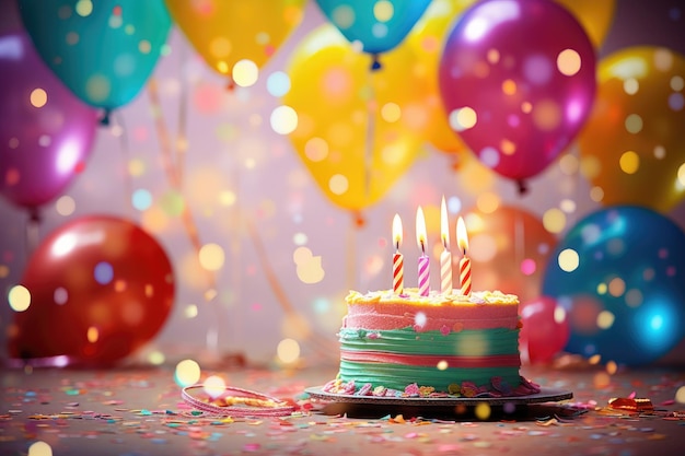 Un gâteau d'anniversaire avec des bougies sur un fond de ballons colorés copie l'espace
