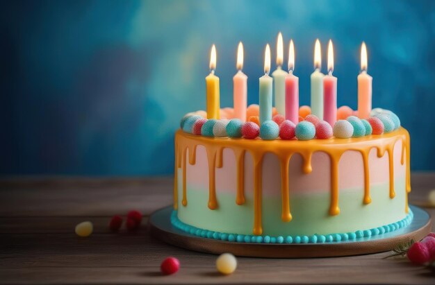 Photo gâteau d'anniversaire avec des bougies sur fond bleu avec espace de copie