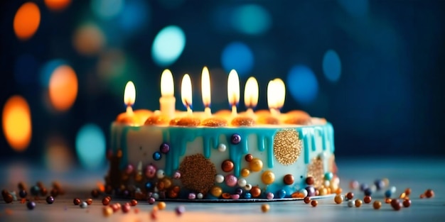 Un gâteau d'anniversaire avec des bougies sur un fond bleu