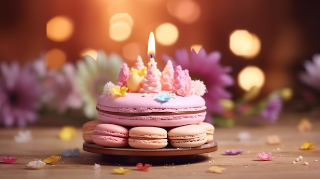 Gâteau d'anniversaire avec des bougies sur fond flou rose eux