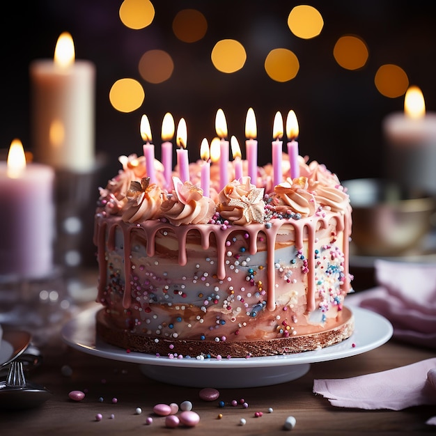 Gâteau d'anniversaire avec des bougies sur fond flou rose eux