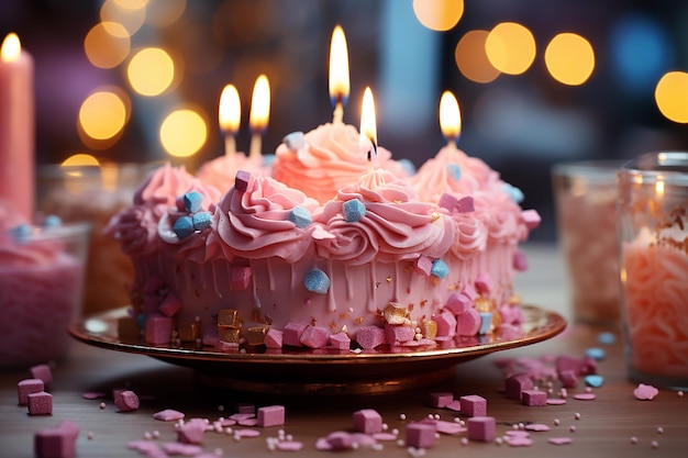 Gâteau d'anniversaire avec des bougies sur fond flou rose eux