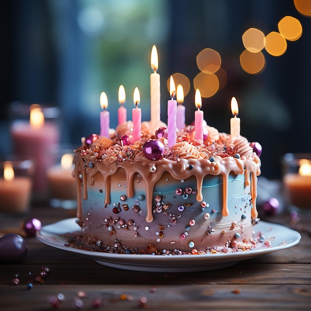 Un gâteau d'anniversaire avec des bougies sur un fond flou