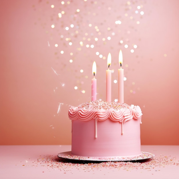 Un gâteau d'anniversaire avec des bougies sur fond rose