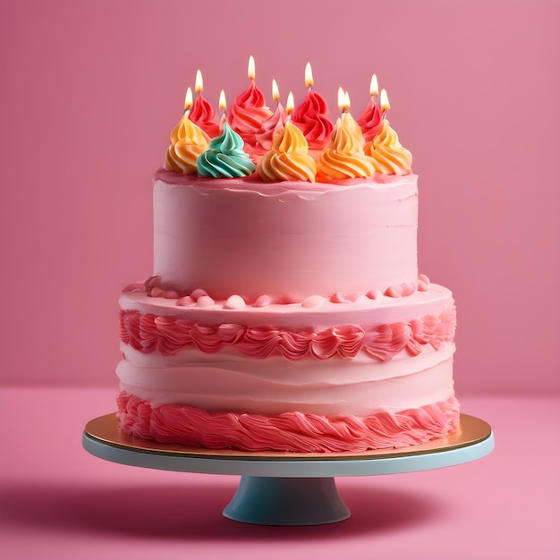 gâteau d'anniversaire avec des bougies sur un fond rose.