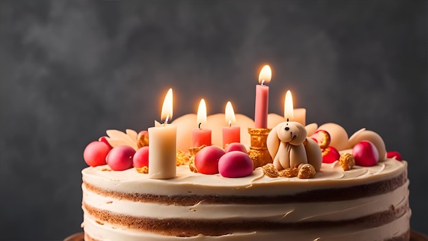 Photo un gâteau d'anniversaire avec des bougies et un lapin dessus