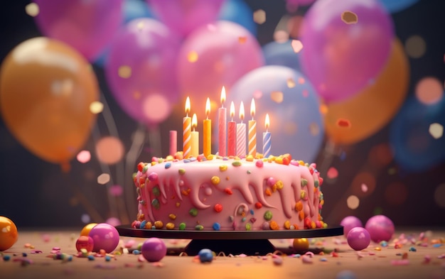 un gâteau d'anniversaire avec des bougies surmontées de ballons et de bougies