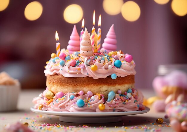 Gâteau d'anniversaire avec des bougies sur la table de fête avec bokehAI Generative