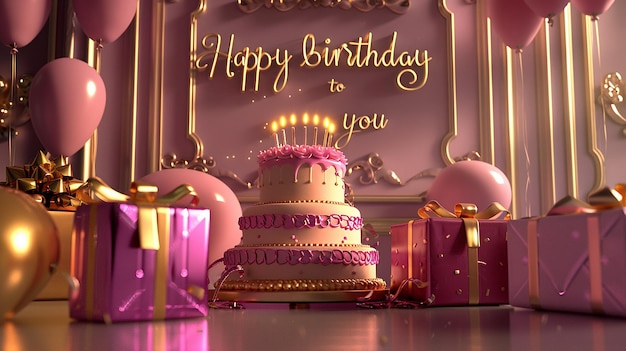 un gâteau d'anniversaire avec un cadre en or qui dit joyeux anniversaire