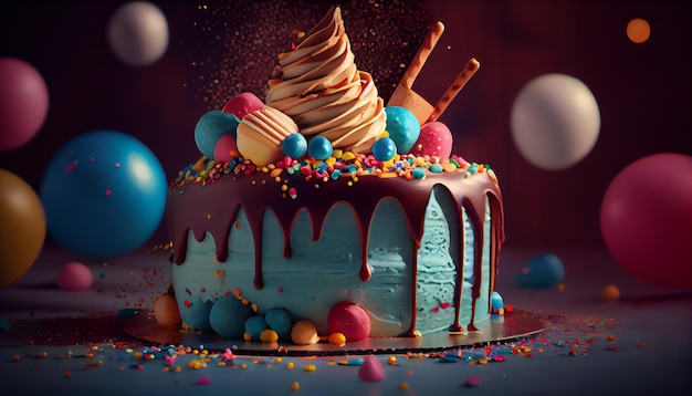 Gâteau d'anniversaire de célébration avec beaucoup de glaçage et de décorations générative ai