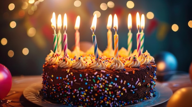 Gâteau d'anniversaire de célébration avec de nombreuses bougies allumées