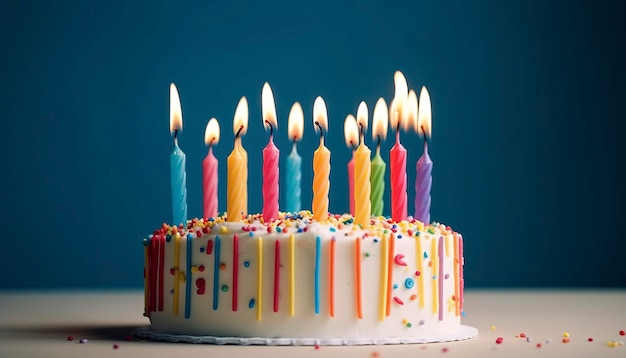 Gâteau d'anniversaire de célébration avec vingt et une bougies d'anniversaire colorées générer ai