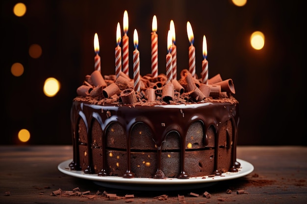 Gâteau d'anniversaire en chocolat et orné de bougies