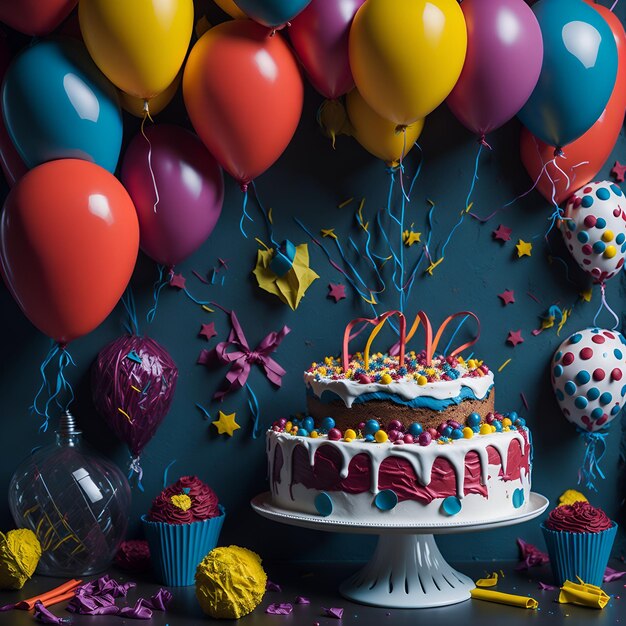 Un gâteau d'anniversaire coloré avec des ballons et des confettis