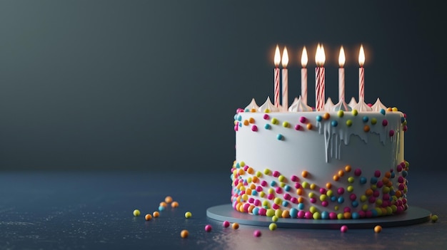 Un gâteau d'anniversaire coloré avec des bougies allumées et des éclaboussures