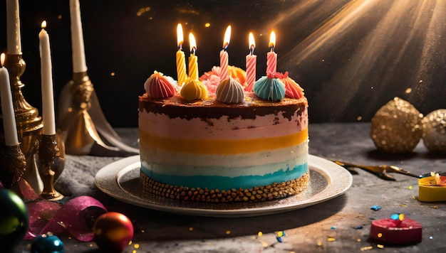 Un gâteau d'anniversaire coloré avec des bougies allumées