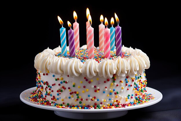 Photo gâteau d'anniversaire coloré avec des bougies sur fond noir