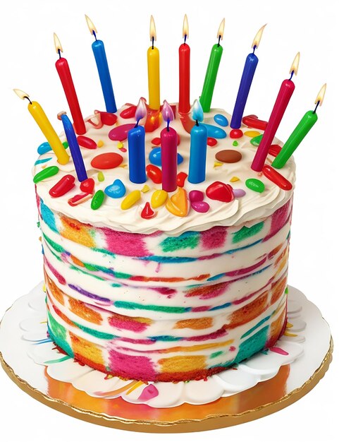 gâteau d'anniversaire coloré avec des bougies isolées sur fond blanc PNG