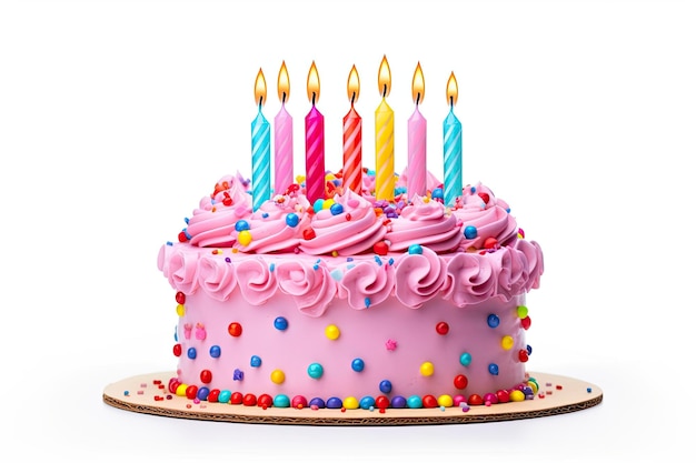 Photo un gâteau d'anniversaire coloré avec des bougies isolées sur un fond blanc