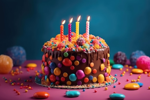 Un gâteau d'anniversaire coloré avec des éclaboussures et des bougies allumées Une fête d'aniversaire festive avec une IA générative