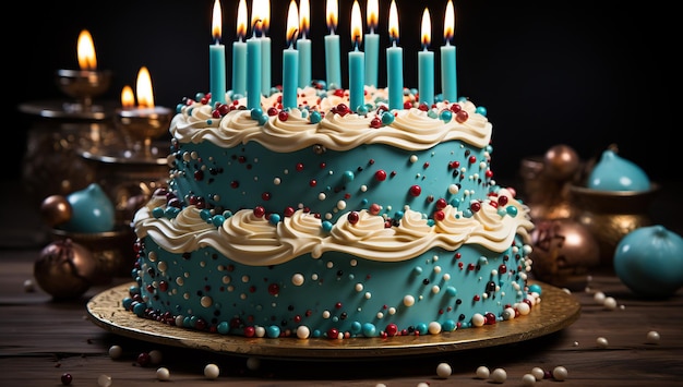 Photo un gâteau d'anniversaire coloré, des éclaboussures et des bougies allumées sur un fond.
