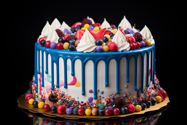 Un gâteau d'anniversaire coloré sur fond noir