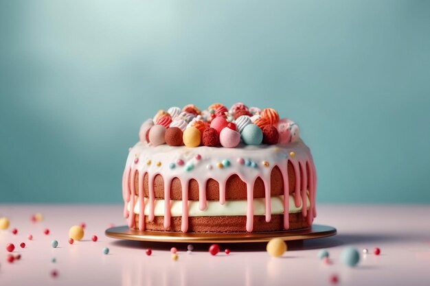 Un gâteau d'anniversaire coloré sur fond pastel Doux et délicieux Joyeux Anniversaire gâteau copie espace Célébration concept selective focus généré par l'IA